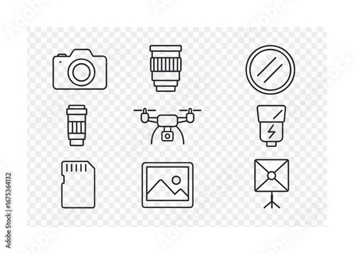 Photography equipment icons: camera, lens, drone, flash, tripod, memory card, filter