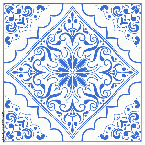 Italian blue ceramic tile pattern. Doodle sketch ink. Mediterranean porcelain pottery. Minimalist vector line art.