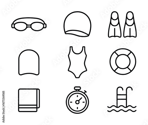 Set of swimming gear icons: goggles, cap, flippers, swimsuit, lifebuoy, towel, stopwatch, pool ladder