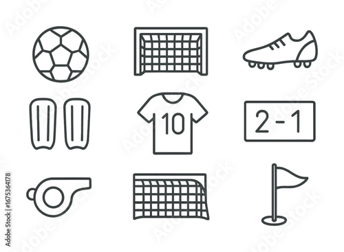 Soccer icon set: ball, goal, cleats, shin guards, jersey, scoreboard, whistle, flag