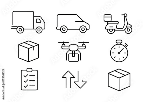 Delivery icons set: van, scooter, drone, stopwatch, checklist, arrow, box