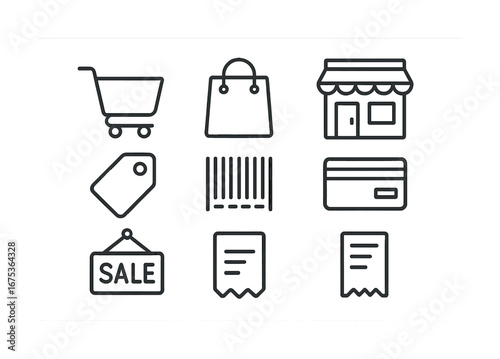Shopping icons collection: cart, bag, store, tag, barcode, card, sale sign, receipt