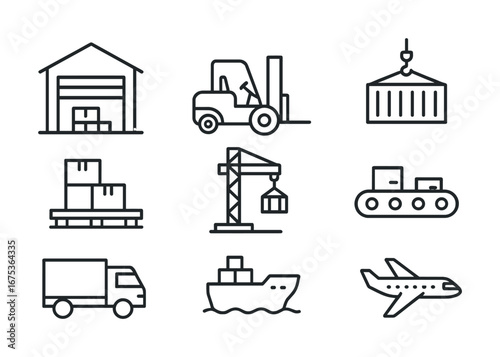 Logistics and transportation icons: warehouse, forklift, crane, conveyor, truck, ship, airplane