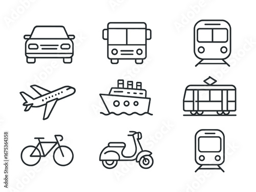 Simple line icons of various transportation modes: car, bus, train, bicycle, airplane, ship, tram, scooter