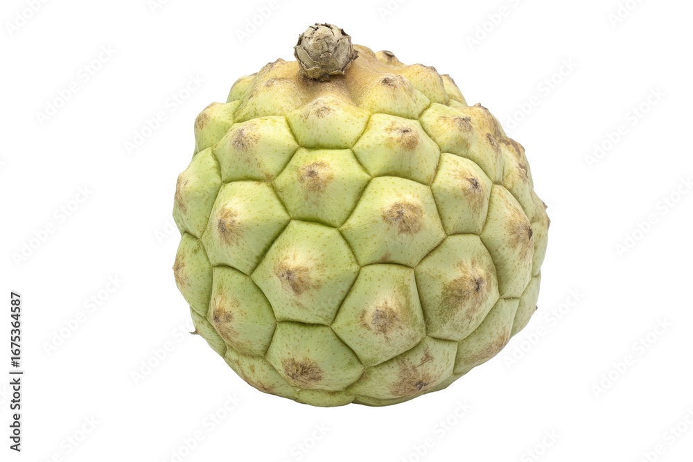 Obraz premium Custard apple displayed on a white background showcasing its unique textured skin and shape in high-definition detail suitable for culinary presentations and food photography