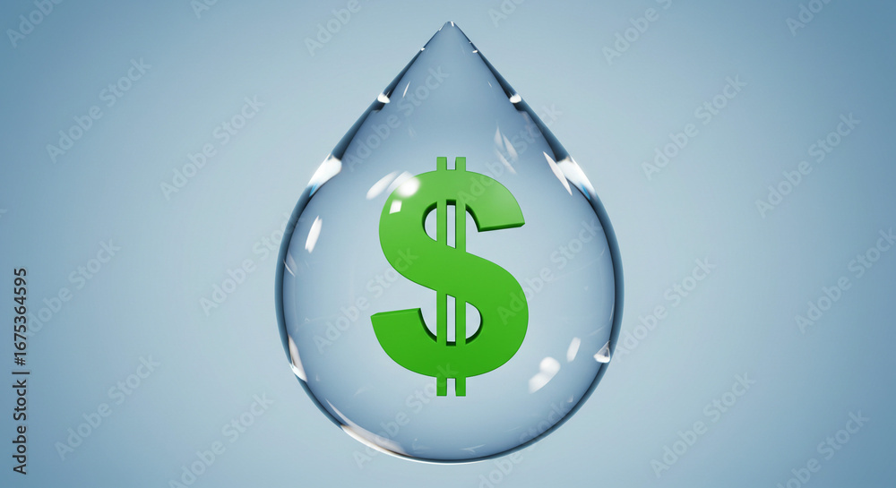 Fototapeta premium Dollar sign inside a water droplet on blue background 