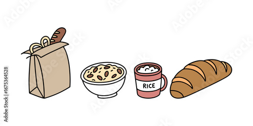 Simple illustration of a paper bag with bread, rice porridge, hot drink and loaf of bread.