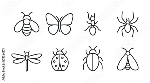 Minimalist insect icon set with bee, butterfly, ant, spider, dragonfly, ladybug, beetle, and moth