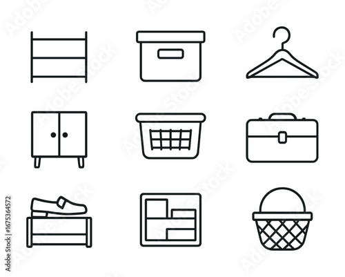 Minimalist home storage and organization icons: shelf, box, hanger, cabinet, basket, toolbox, shoe rack