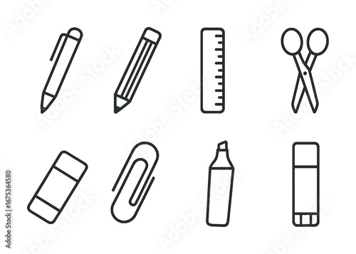 Minimalist line art of stationery tools including pen, pencil, ruler, scissors, eraser, and more