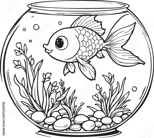 Cartoon fish in round fishbowl with plants and pebbles black and white line art illustration for aquatic life and decorative design