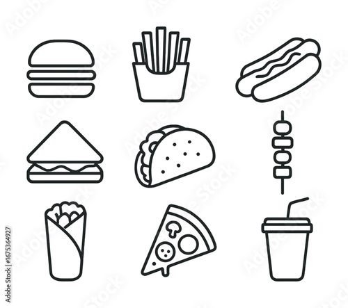 Outline icons of popular fast food items: burger, fries, hot dog, sandwich, taco, kebab, wrap, pizza, drink