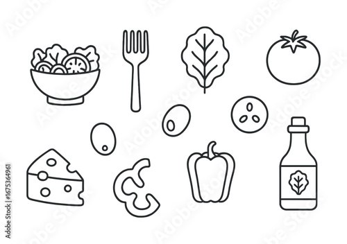 Vegetable salad ingredients outline icons: tomato, cheese, leaf, pepper, fork, dressing