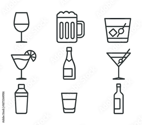 Variety of alcoholic drink icons: wine, beer, cocktails, and spirits