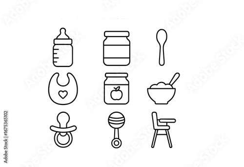 Baby feeding essentials icons: bottle, bib, spoon, jar, bowl, pacifier, rattle, high chair