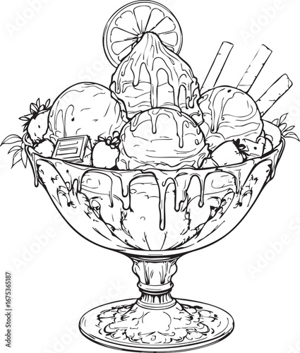 Ice cream sundae in ornate glass dish with fruit wafers and syrup black and white line art illustration for dessert design themes