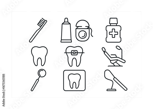 Dental care icons set: toothbrush, toothpaste, floss, braces, chair, mouthwash
