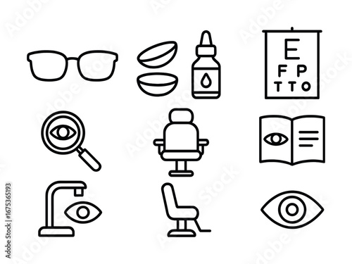 Vision care icons set: glasses, contact lenses, eye exam tools, ophthalmology
