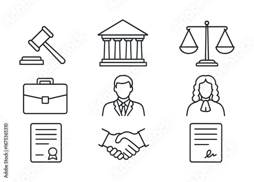 Legal icons collection featuring gavel, courthouse, scales of justice, briefcase, lawyer, documents