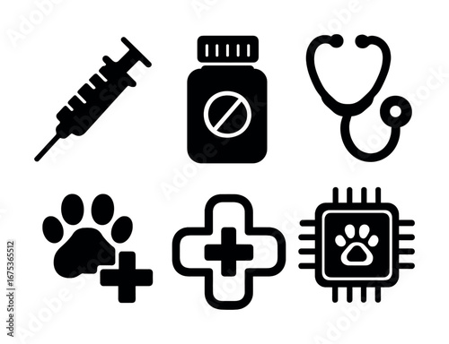 Veterinary icons set: syringe, medicine, stethoscope, paw print, cross, microchip
