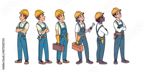 Diverse Skilled Tradespeople in Workwear, Ready for Action