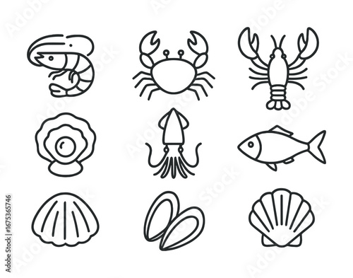Seafood icons: shrimp, crab, lobster, scallops, squid, fish, clams in line art
