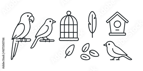 Outline drawings of birds parrot birdcage house feathers and seeds