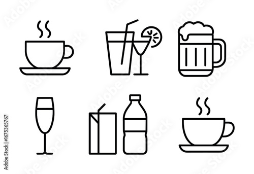 Simple line icons: coffee, cocktails, beer, wine, juice, water illustrations
