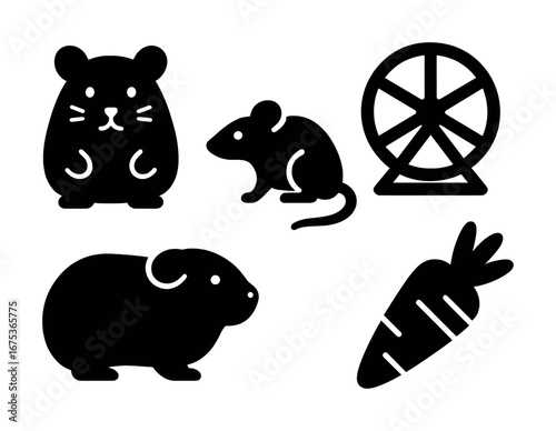 Silhouette of hamster, mouse, guinea pig, wheel, and carrot icons