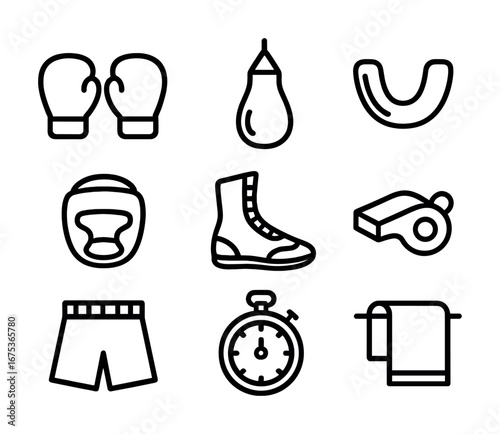 Boxing gear icons: gloves, punching bag, mouthguard, and more