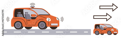 Orange car equipped with sensors and wireless communication technology on a road, indicating self-driving function. Ideal for innovation, transportation, technology, sustainability, mobility