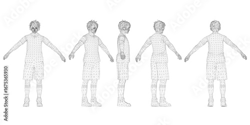 A boy wearing headphones demonstrates various poses with outstretched arms, showcasing a detailed 3D wireframe model of the human body.