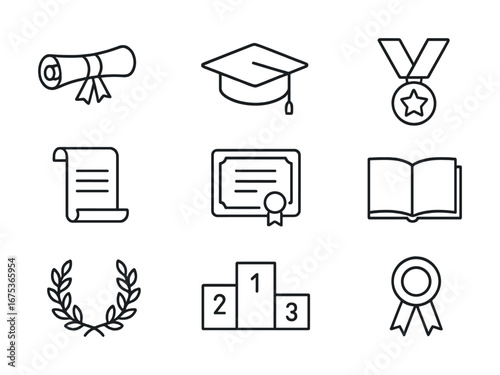 Educational icons set: diploma, graduation cap, medal, certificate, podium, laurel, badge, book