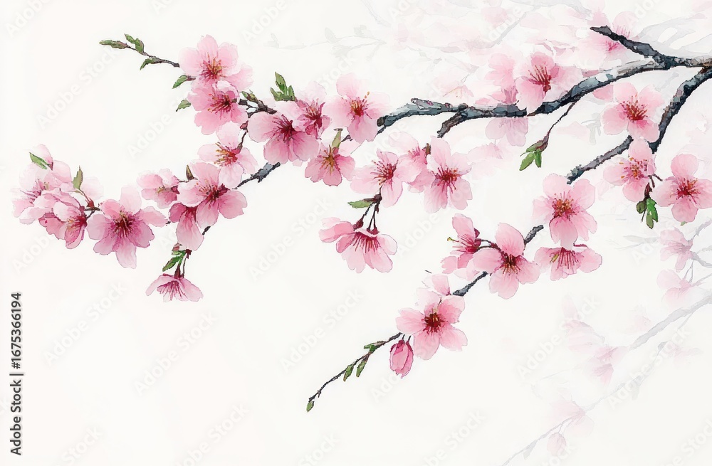 Naklejka premium Delicate branches with soft pink cherry blossoms gently blooming against a light background evoking calm and peaceful springtime beauty
