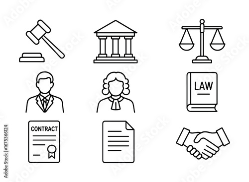Legal icons set featuring gavel, courthouse, scales, and lawyers