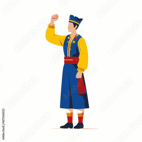Proud Moldovan man in traditional national costume raising his fist in a gesture of celebration or protest