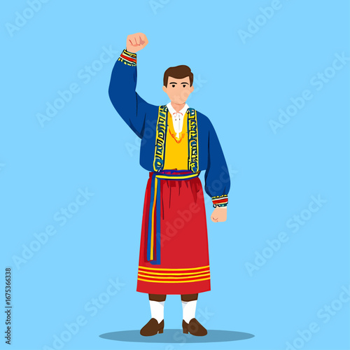Moldovan Man in Traditional Clothing Raising Fist