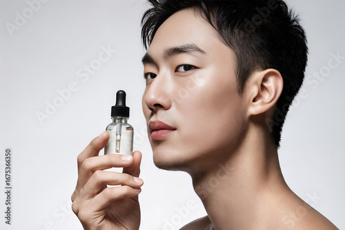 Asian man with a clean face holds a glass bottle with acne and wrinkle serum. The concept of skin care and cosmetology