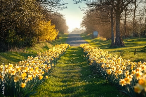 Sunlit pathway lined with blooming yellow daffodils stretching towards a quiet country road surrounded by leafless trees and early spring greenery