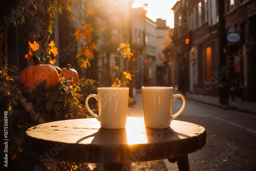 Two cups of hot fragrant coffee on the table near the decorated house for Halloween. Cozy autumn terrace in a cafe. Hot warming tea for two
