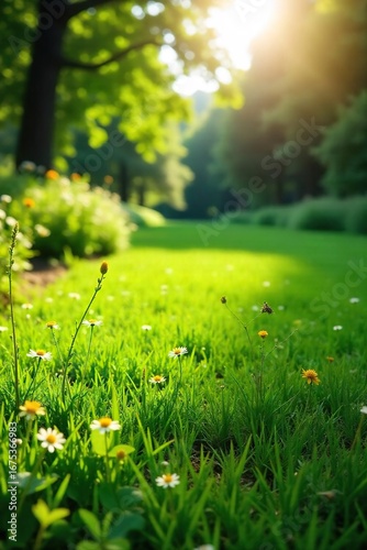 Lush green Canadian lawn, perfectly manicured with vibrant clover and wildflowers, bathed in the warm afternoon sun Ideal for summer, nature, and landscaping projects , green, vitality