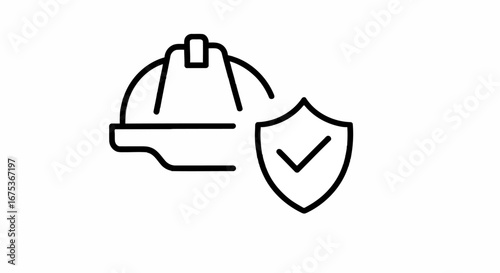 Construction safety icon hard hat shield protection check mark for workplace security and assurance white background