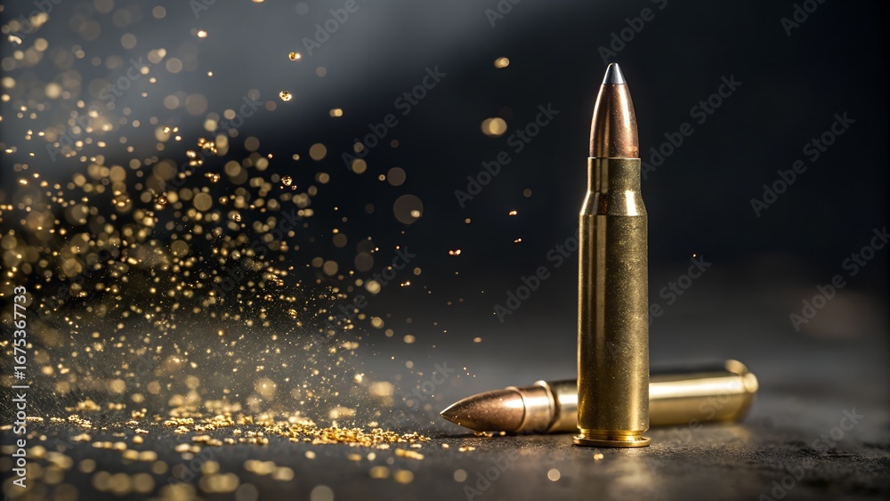 Fototapeta premium Rifle Bullets: A captivating macro shot featuring two rifle bullets against a dark background, illuminating the precision engineering and powerful symbolism.