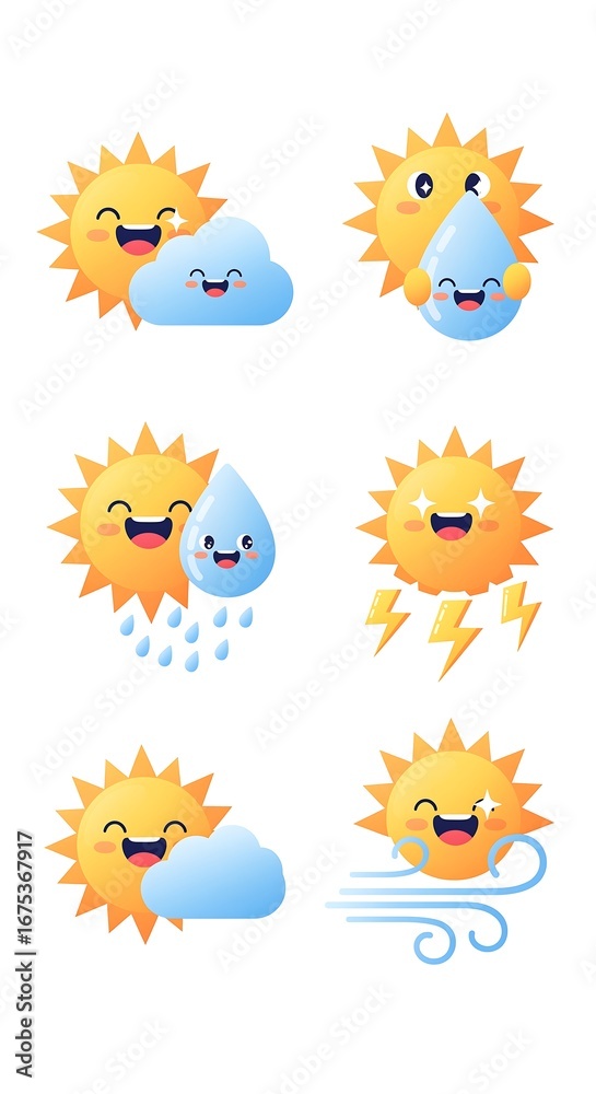 Fototapeta premium Cute cartoon sun and cloud weather icons set showing sun with cloud
