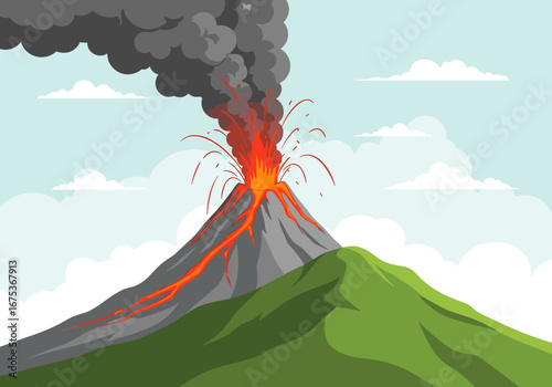 A fiery volcanic eruption spewing lava and ash into a cloudy sky