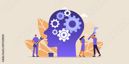 Teamwork and collaboration building a complex thought process within a human head silhouette
