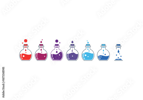 Vibrant colorful potion bottles bubbling liquid droplets and splashes magical elixirs science laboratory concoctions