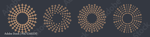 Retro gold sun, starburst, firework, bursting shapes from square pieces. Thin line abstract radial vector badges for card, banner, background
