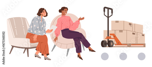 Two businesswomen seated in discussion, collaborating near a pallet jack with stacked boxes. Ideal for teamwork, logistics, business planning, collaboration, entrepreneurship, workplace