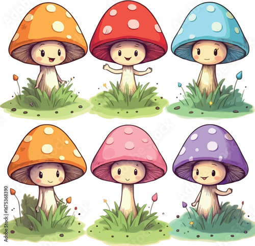 Cute kawaii mushroom characters in various bright colors and green grass